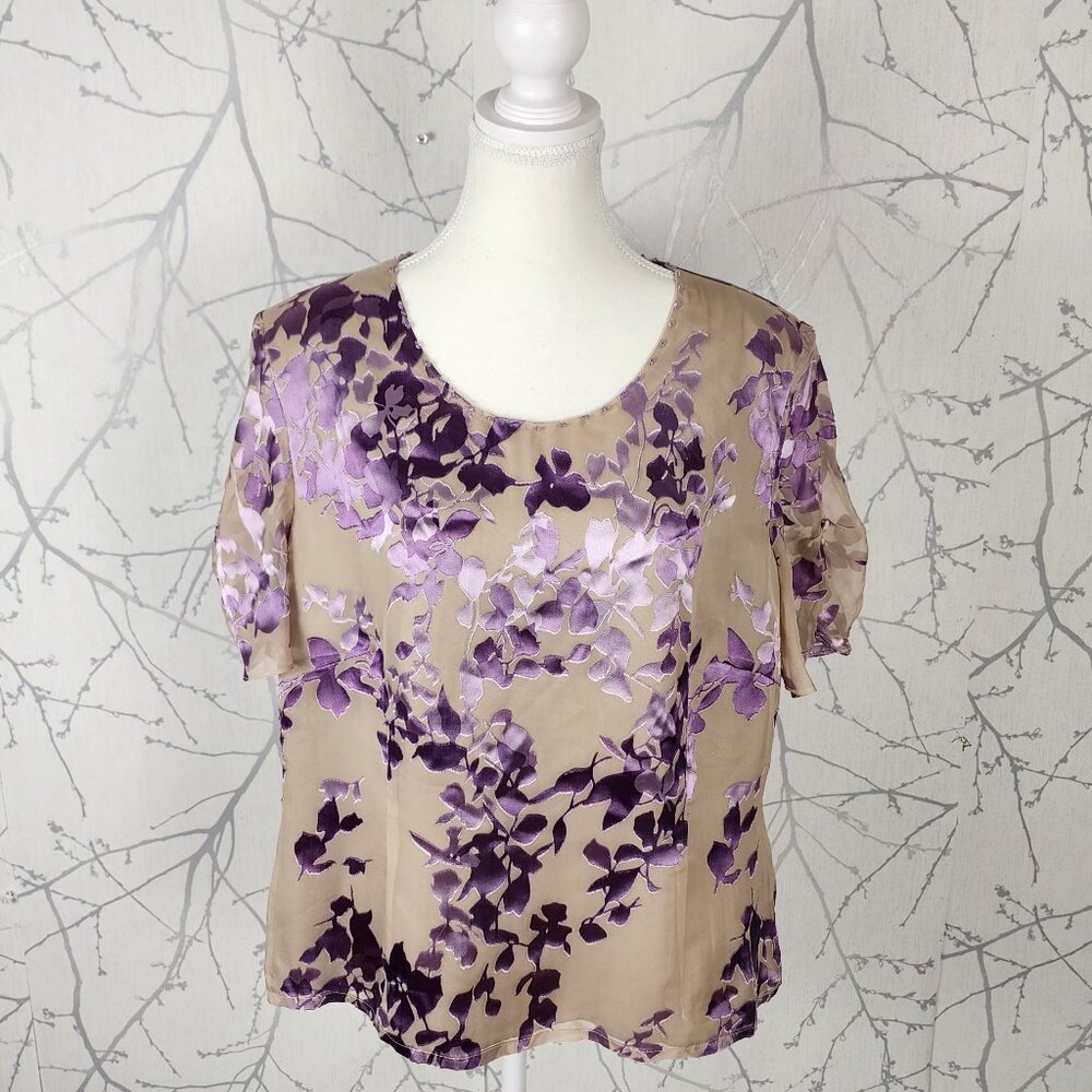 Jacques Vert Beige Lavender Floral Velvet Burnout Silk Blend Top